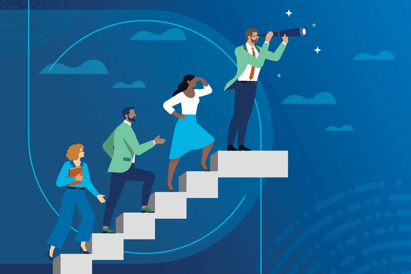 An illustration of four people walking up a set of stairs