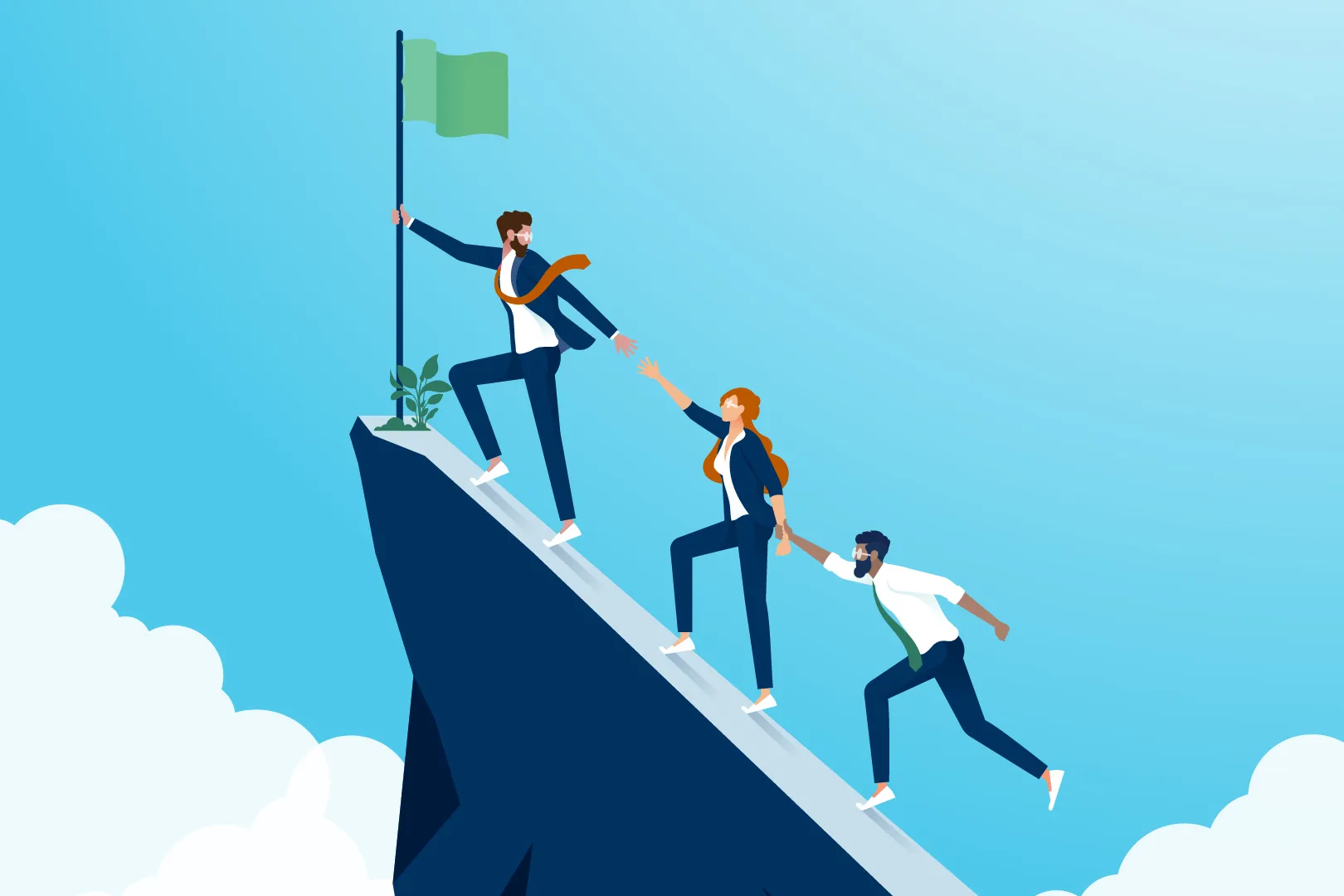 A person leading two other people to the top of a mountain peak, planting a green flag