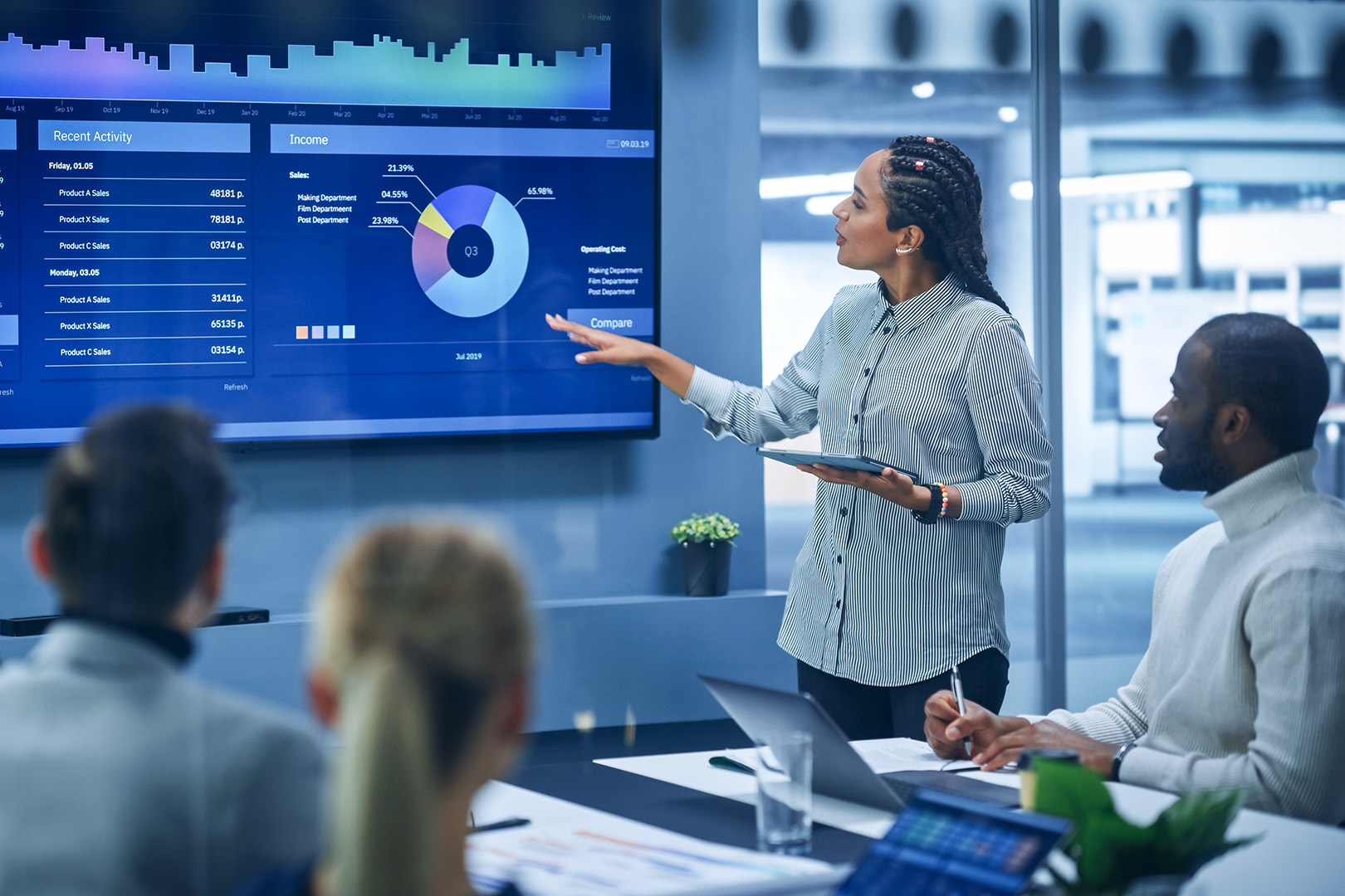 Finance leaders reviewing performance dashboards and discussing data-driven strategy in a modern business meeting.