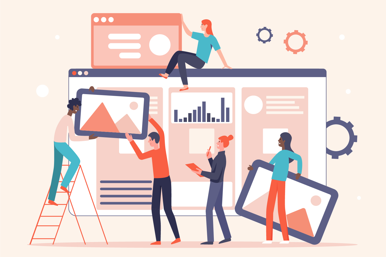 A graphic of people assembling a web dashboard
