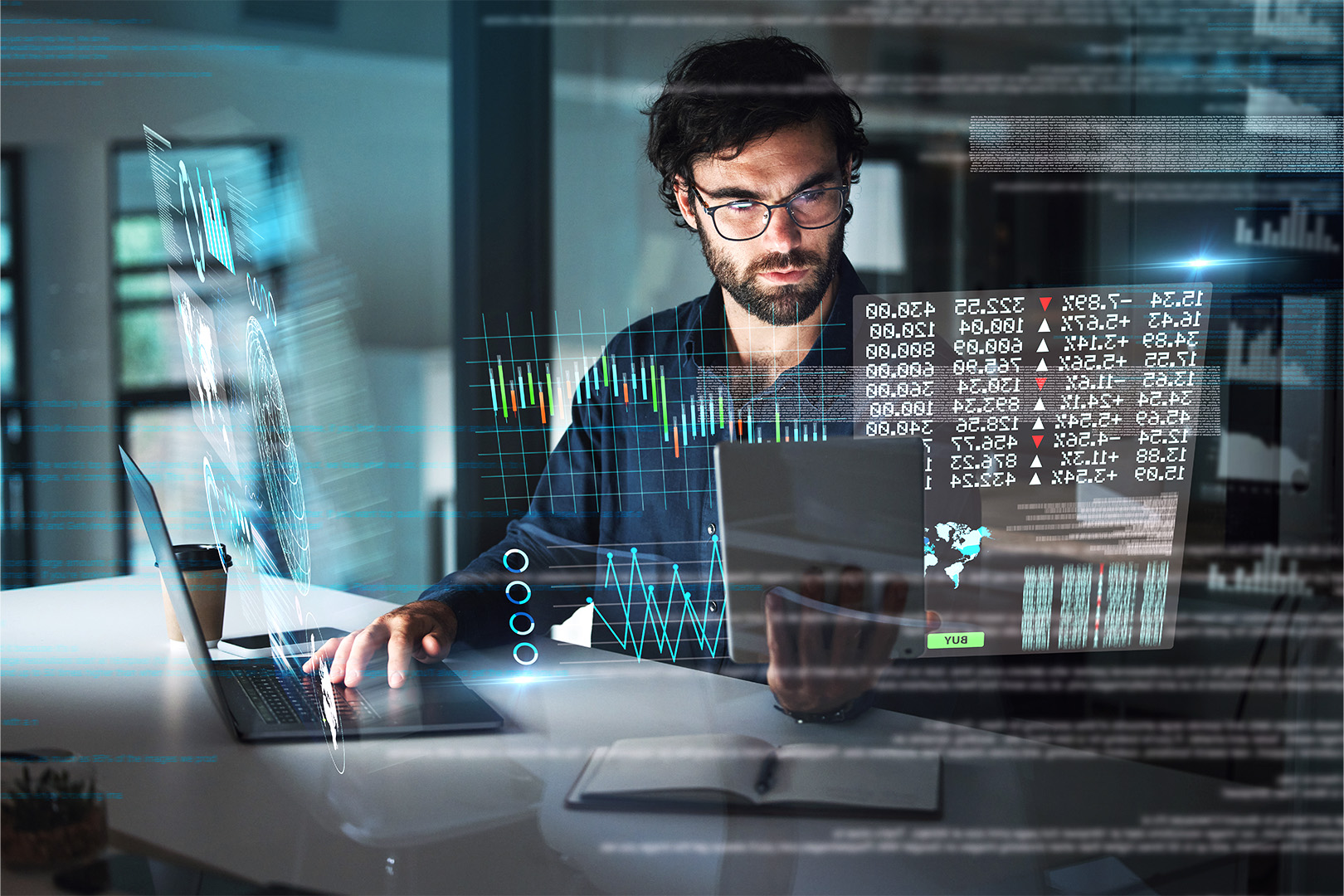 A financial professional looking over data and graphs