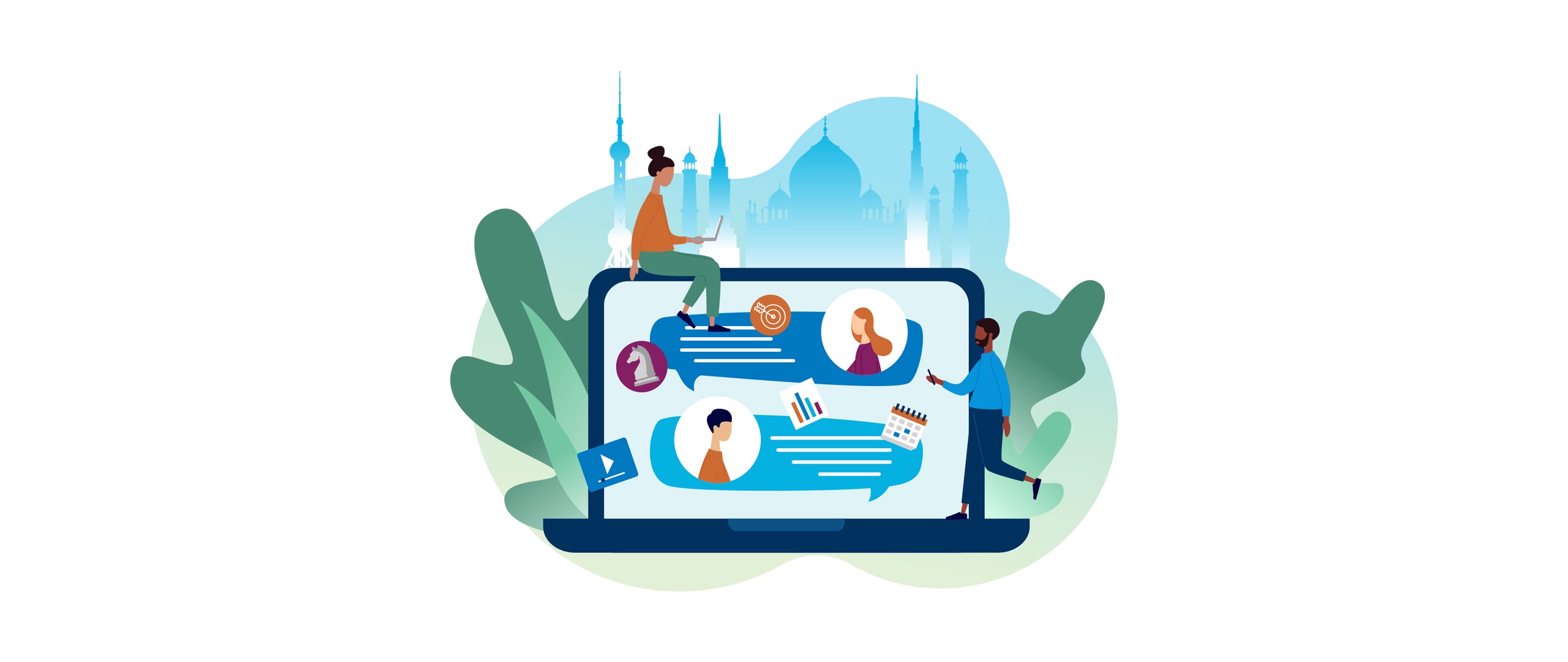 An illustration of people climbing around a giant laptop.