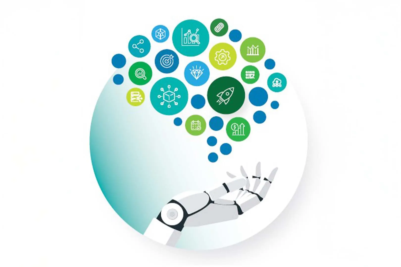 A robotic hand holding icons