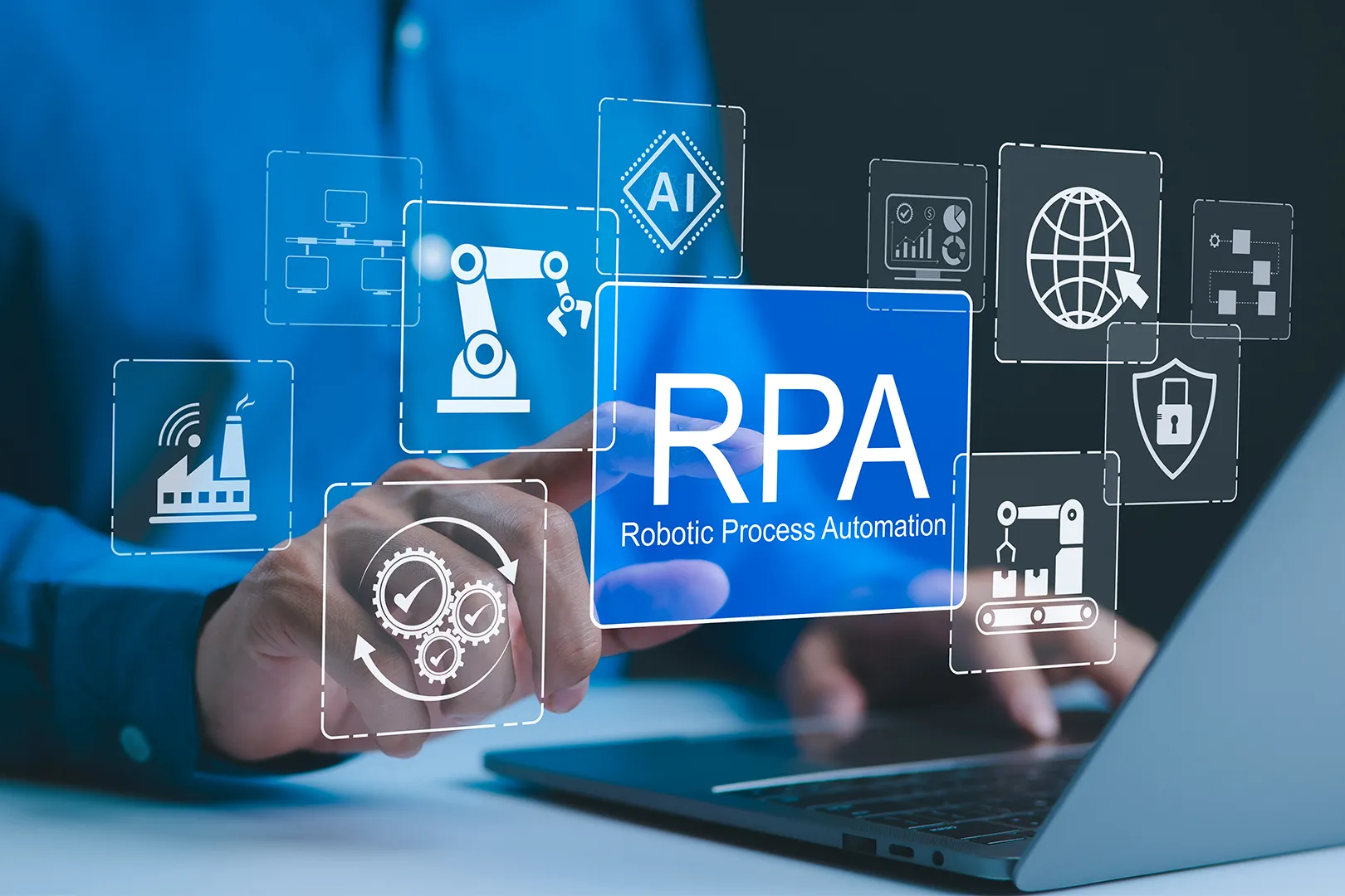 A person working at a laptop computer with "RPA" superimposed